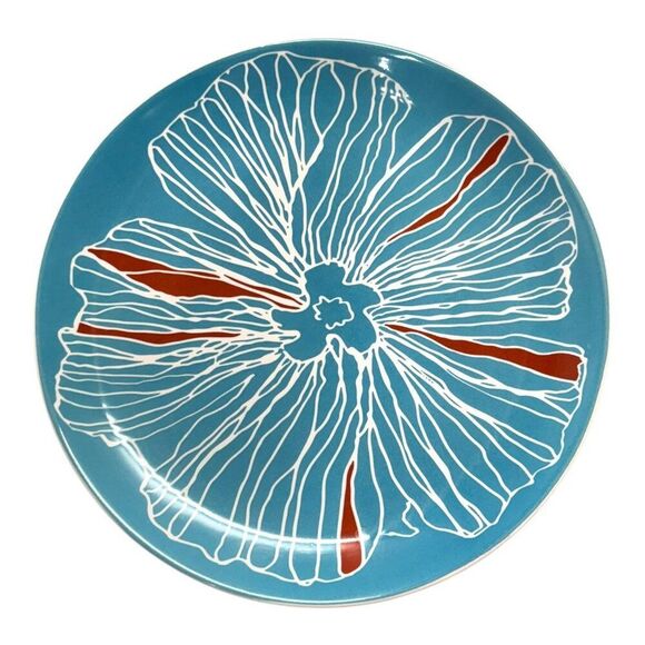 Set Of 6 Ikea Salad Plates With Floral Design Turquoise & Red Porcelain 8.5" - Picture 4 of 6
